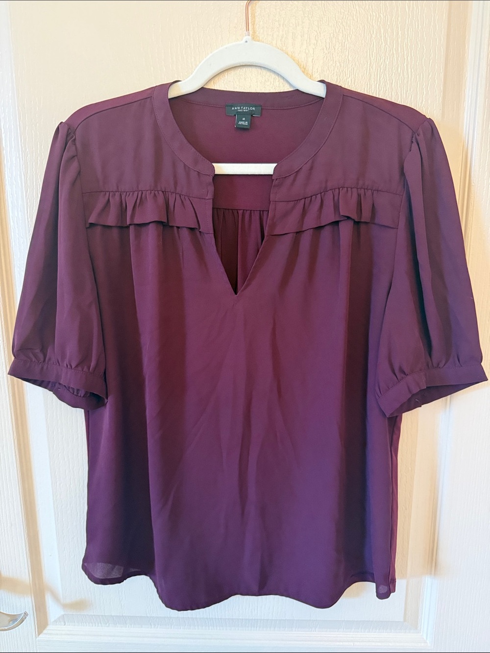 Ann Taylor Plum Ruffle-Trim Split Neck Blouse